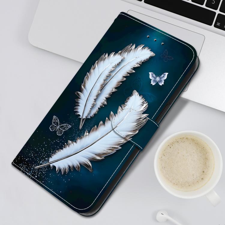 For iPhone 16e Crystal Texture Colored Drawing Leather Phone Case(White Butterfly Feathers) - iPhone 16e Cases by buy2fix | Online Shopping UK | buy2fix