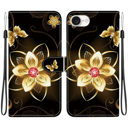 For iPhone 16e Crystal Texture Colored Drawing Leather Phone Case(Gold Flower) - iPhone 16e Cases by buy2fix | Online Shopping UK | buy2fix