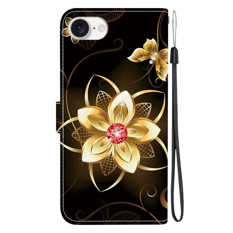 For iPhone 16e Crystal Texture Colored Drawing Leather Phone Case(Gold Flower) - iPhone 16e Cases by buy2fix | Online Shopping UK | buy2fix