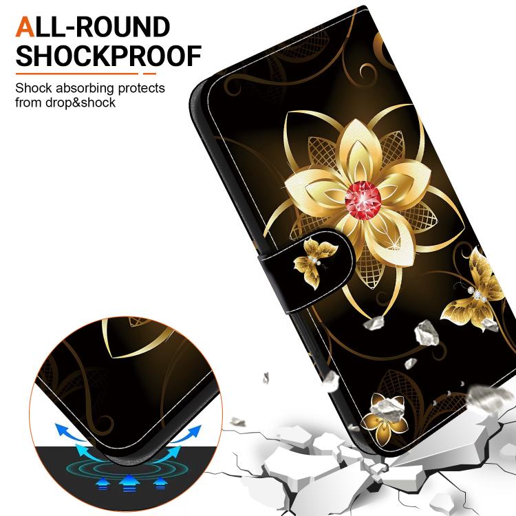 For iPhone 16e Crystal Texture Colored Drawing Leather Phone Case(Gold Flower) - iPhone 16e Cases by buy2fix | Online Shopping UK | buy2fix