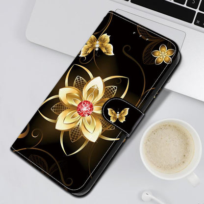 For iPhone 16e Crystal Texture Colored Drawing Leather Phone Case(Gold Flower) - iPhone 16e Cases by buy2fix | Online Shopping UK | buy2fix