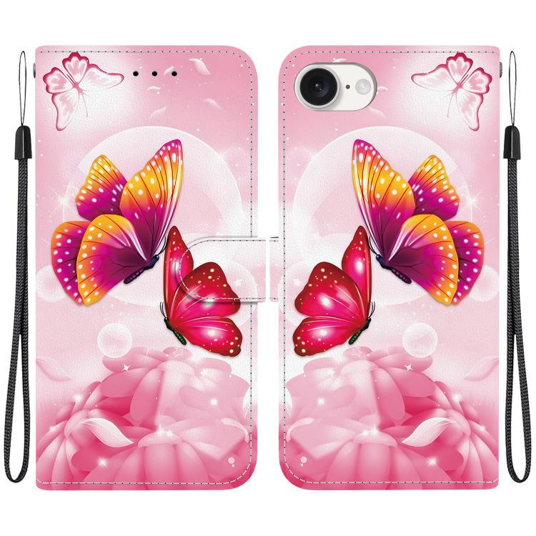 For iPhone 16e Crystal Texture Colored Drawing Leather Phone Case(Pink Butterflies) - iPhone 16e Cases by buy2fix | Online Shopping UK | buy2fix
