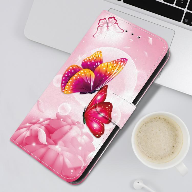 For iPhone 16e Crystal Texture Colored Drawing Leather Phone Case(Pink Butterflies) - iPhone 16e Cases by buy2fix | Online Shopping UK | buy2fix