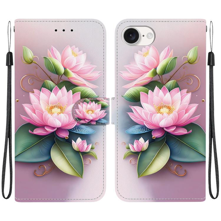 For iPhone 16e Crystal Texture Colored Drawing Leather Phone Case(Lotus) - iPhone 16e Cases by buy2fix | Online Shopping UK | buy2fix