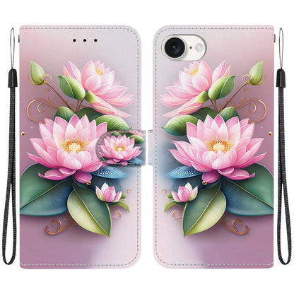 For iPhone 16e Crystal Texture Colored Drawing Leather Phone Case(Lotus) - iPhone 16e Cases by buy2fix | Online Shopping UK | buy2fix