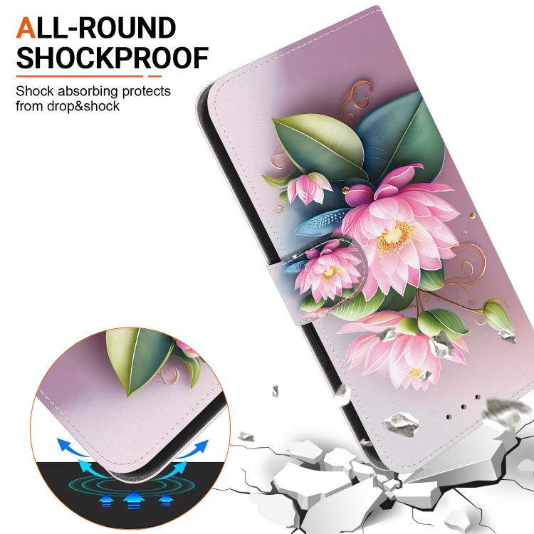 For iPhone 16e Crystal Texture Colored Drawing Leather Phone Case(Lotus) - iPhone 16e Cases by buy2fix | Online Shopping UK | buy2fix