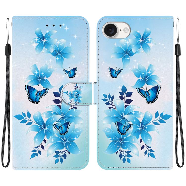 For iPhone 16e Crystal Texture Colored Drawing Leather Phone Case(Blue Butterflies) - iPhone 16e Cases by buy2fix | Online Shopping UK | buy2fix