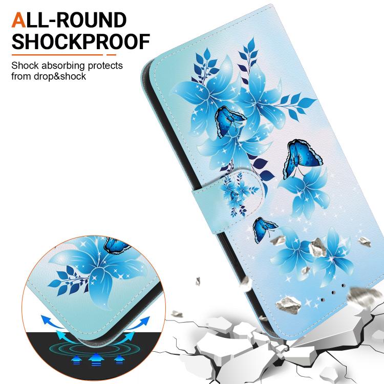 For iPhone 16e Crystal Texture Colored Drawing Leather Phone Case(Blue Butterflies) - iPhone 16e Cases by buy2fix | Online Shopping UK | buy2fix