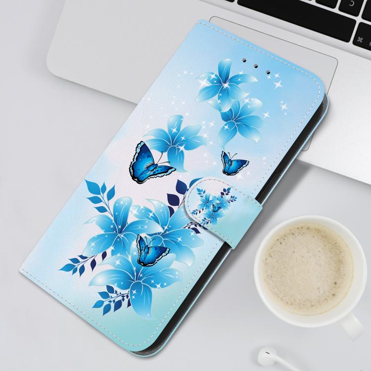 For iPhone 16e Crystal Texture Colored Drawing Leather Phone Case(Blue Butterflies) - iPhone 16e Cases by buy2fix | Online Shopping UK | buy2fix