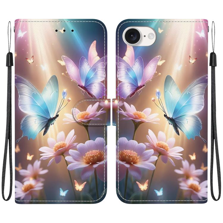 For iPhone 16e Crystal Texture Colored Drawing Leather Phone Case(Butterfly Love Flower) - iPhone 16e Cases by buy2fix | Online Shopping UK | buy2fix