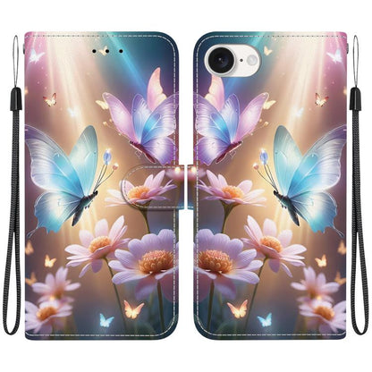 For iPhone 16e Crystal Texture Colored Drawing Leather Phone Case(Butterfly Love Flower) - iPhone 16e Cases by buy2fix | Online Shopping UK | buy2fix