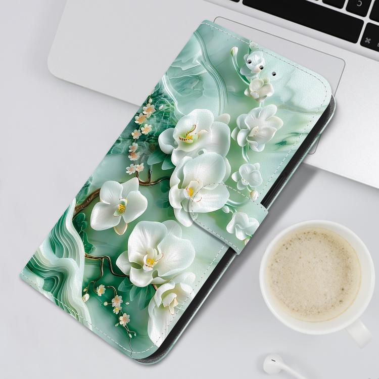 For iPhone 16e Crystal Texture Colored Drawing Leather Phone Case(Jade Flowers) - iPhone 16e Cases by buy2fix | Online Shopping UK | buy2fix