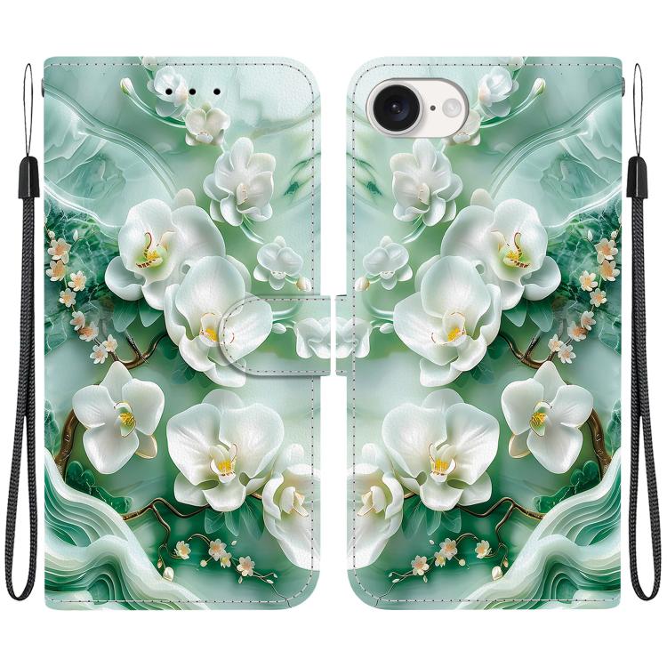 For iPhone 16e Crystal Texture Colored Drawing Leather Phone Case(Jade Flowers) - iPhone 16e Cases by buy2fix | Online Shopping UK | buy2fix