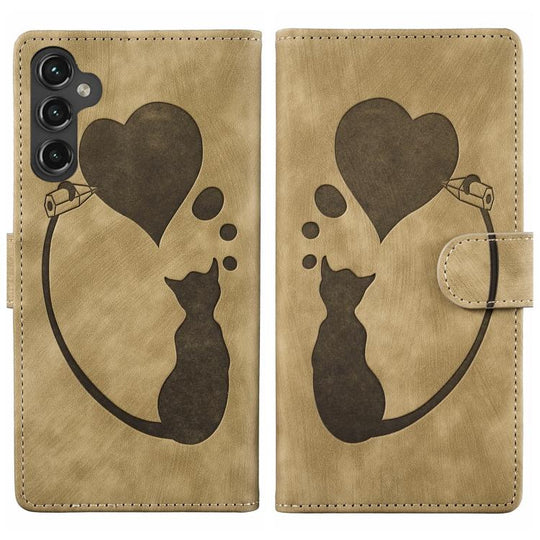 For Samsung Galaxy A56 5G Pen Heart Cat Embossed Leather Phone Case(Apricot)