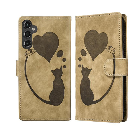 For Samsung Galaxy A17 5G / A26 5G Pen Heart Cat Embossed Leather Phone Case(Apricot)