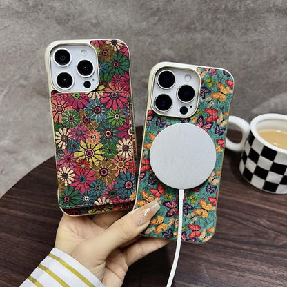 For iPhone 14 Pro Denior D24 Paint MagSafe Card Slot Phone Case(Green Sunflower) - iPhone 14 Pro Cases by Denior | Online Shopping UK | buy2fix