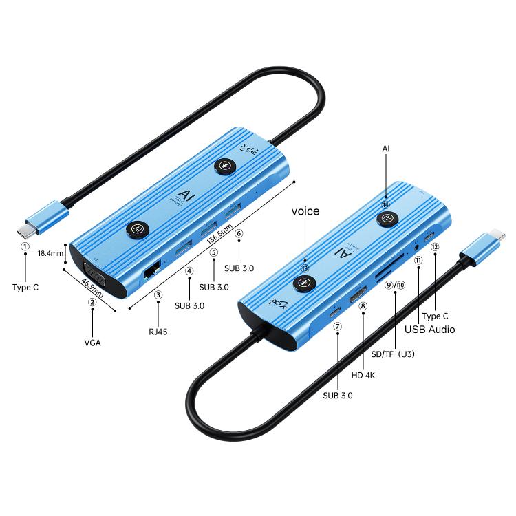 YCE V261 13 in 1 USB-C / Type-C HUB Adapter AI Docking Station(Blue) - USB HUB by buy2fix | Online Shopping UK | buy2fix