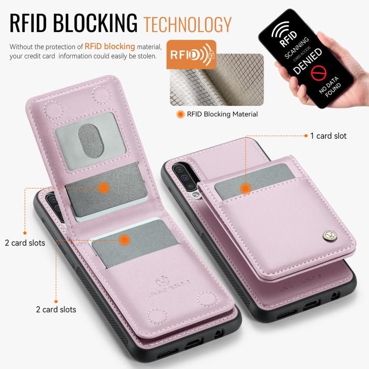 For Samsung Galaxy A50 JEEHOOD J06 British Style RFID MagSafe Card Bag PU Phone Case(Pink) - Galaxy Phone Cases by JEEHOOD | Online Shopping UK | buy2fix