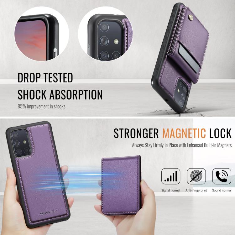 For Samsung Galaxy A51 4G JEEHOOD J06 British Style RFID MagSafe Card Bag PU Phone Case(Purple) - Galaxy Phone Cases by JEEHOOD | Online Shopping UK | buy2fix