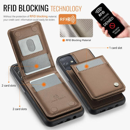 For Samsung Galaxy A51 4G JEEHOOD J06 British Style RFID MagSafe Card Bag PU Phone Case(Brown) - Galaxy Phone Cases by JEEHOOD | Online Shopping UK | buy2fix