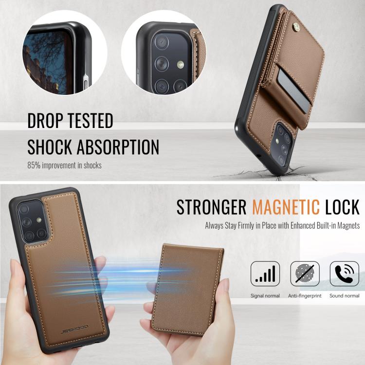 For Samsung Galaxy A51 4G JEEHOOD J06 British Style RFID MagSafe Card Bag PU Phone Case(Brown) - Galaxy Phone Cases by JEEHOOD | Online Shopping UK | buy2fix