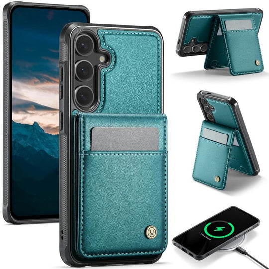 For Samsung Galaxy S24+ 5G JEEHOOD J06 British Style RFID MagSafe Card Bag PU Phone Case(Green)