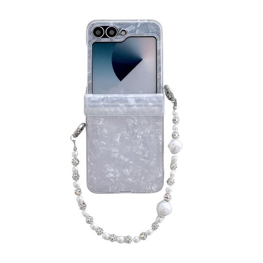 For Samsung Galaxy Z Flip6 / Flip7 FE Three Parts Pearlescent Shell Texture Phone Case with Bracelet(White)