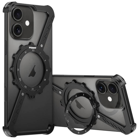For iPhone 16 Z-shaped Frameless Metal 360 Holder MagSafe Phone Case(Black) - iPhone 16 Cases by buy2fix | Online Shopping UK | buy2fix
