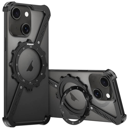 For iPhone 15 Z-shaped Frameless Metal 360 Holder MagSafe Phone Case(Black) - iPhone 15 Cases by buy2fix | Online Shopping UK | buy2fix