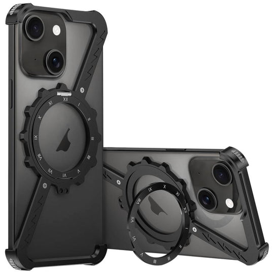 For iPhone 15 Z-shaped Frameless Metal 360 Holder MagSafe Phone Case(Black)