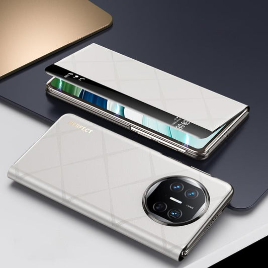 For Huawei Mate X5 Plain Leather Embossed MagSafe Magnetic Phone Leather Case(White) - Huawei Cases by buy2fix | Online Shopping UK | buy2fix