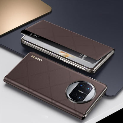 For Huawei Mate X3 Plain Leather Embossed MagSafe Magnetic Phone Leather Case(Coffee) - Huawei Cases by buy2fix | Online Shopping UK | buy2fix