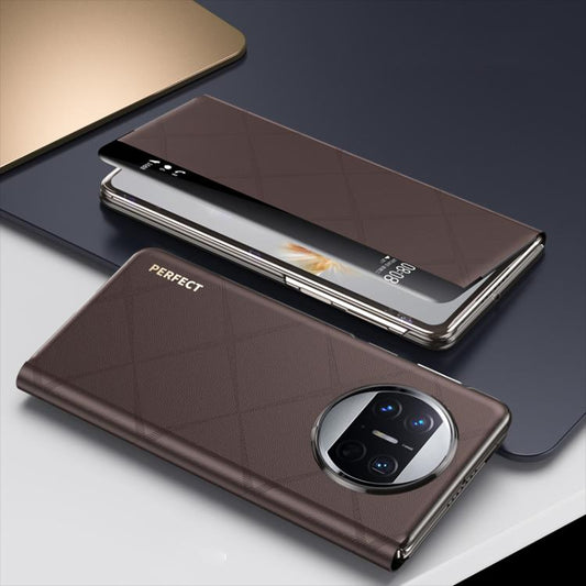 For Huawei Mate X3 Plain Leather Embossed MagSafe Magnetic Phone Leather Case(Coffee) - Huawei Cases by buy2fix | Online Shopping UK | buy2fix