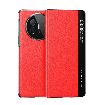 For Huawei Mate X6 Electroplating Litchi Pattern Grain Leather Smart Window MagSafe Phone Leather Case(Red) - Huawei Cases by buy2fix | Online Shopping UK | buy2fix