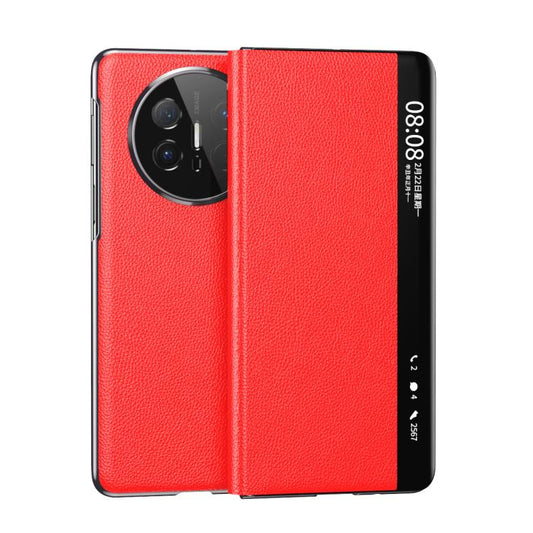 For Huawei Mate X6 Electroplating Litchi Pattern Grain Leather Smart Window MagSafe Phone Leather Case(Red) - Huawei Cases by buy2fix | Online Shopping UK | buy2fix