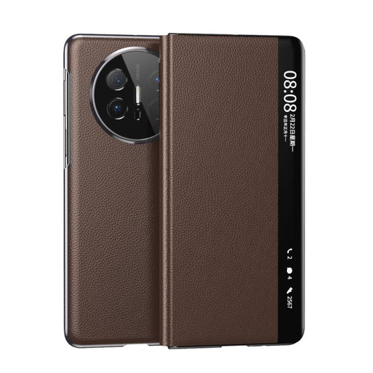 For Huawei Mate X6 Electroplating Litchi Pattern Grain Leather Smart Window MagSafe Phone Leather Case(Coffee) - Huawei Cases by buy2fix | Online Shopping UK | buy2fix