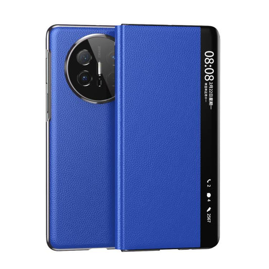 For Huawei Mate X6 Electroplating Litchi Pattern Grain Leather Smart Window MagSafe Phone Leather Case(Blue) - Huawei Cases by buy2fix | Online Shopping UK | buy2fix