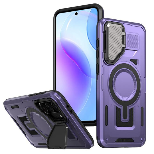 For Samsung Galaxy A56 5G Shield Frame Holder MagSafe Phone Case(Purple)