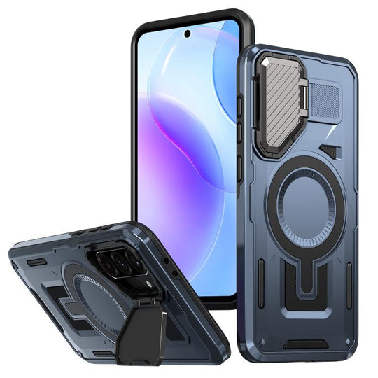 For Samsung Galaxy A36 5G Shield Frame Holder MagSafe Phone Case(Blue)