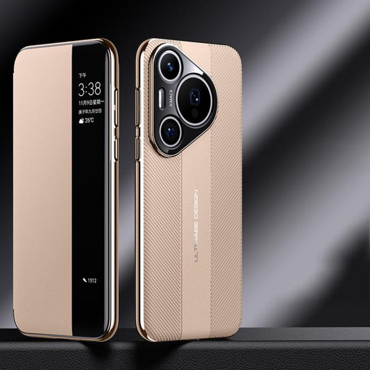 For Huawei Pura 70 Smart View Window Imitation Ultimate Design Phone Case(Gold) - Huawei Cases by buy2fix | Online Shopping UK | buy2fix