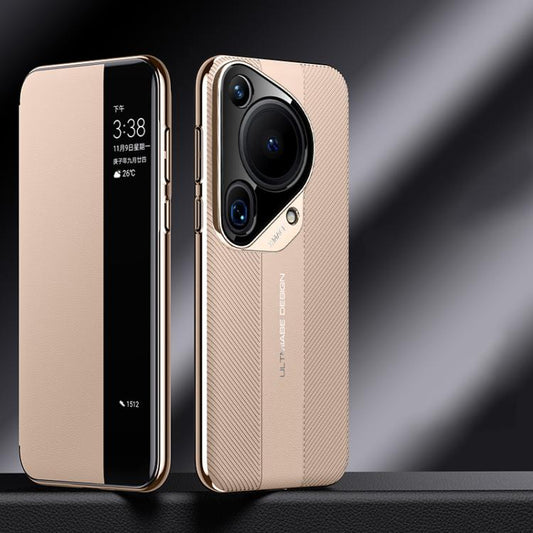 For Huawei Pura 70 Ultra Smart View Window Imitation Ultimate Design Phone Case(Gold) - Huawei Cases by buy2fix | Online Shopping UK | buy2fix