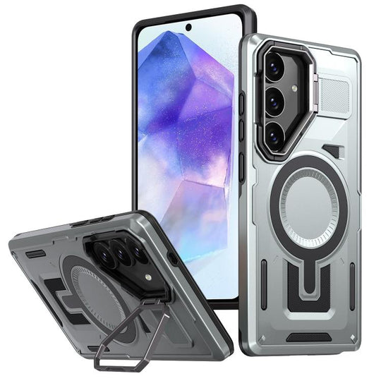 For Samsung Galaxy A55 5G Shield Hollow Frame Holder MagSafe Phone Case(Grey)