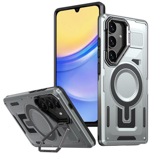 For Samsung Galaxy A15 Shield Hollow Frame Holder MagSafe Phone Case(Grey)