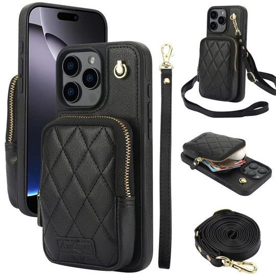 For iPhone 16 Pro Max AwQuer Crossbody Zipper Wallet Bag Litchi Leather Phone Case(Black)