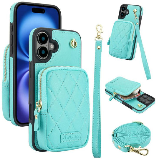 For iPhone 16 Plus AwQuer Crossbody Zipper Wallet Bag Litchi Leather Phone Case(Mint Green)