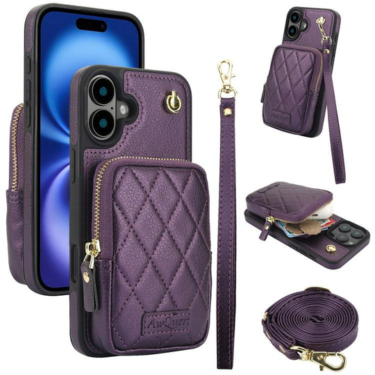 For iPhone 16 AwQuer Crossbody Zipper Wallet Bag Litchi Leather Phone Case(Dark Purple)