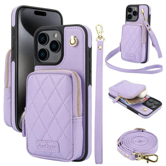 For iPhone 15 Pro Max AwQuer Crossbody Zipper Wallet Bag Litchi Leather Phone Case(Light Purple)