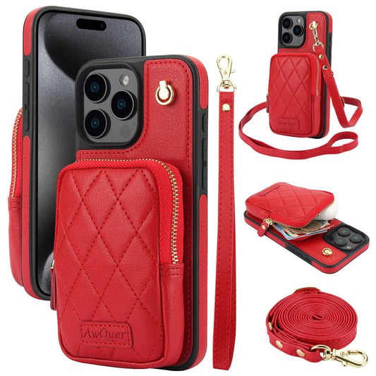For iPhone 15 Pro AwQuer Crossbody Zipper Wallet Bag Litchi Leather Phone Case(Red) - iPhone 15 Pro Cases by Awquer | Online Shopping UK | buy2fix