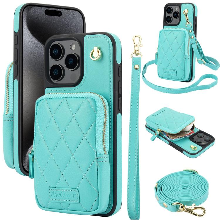 For iPhone 15 Pro AwQuer Crossbody Zipper Wallet Bag Litchi Leather Phone Case(Mint Green) - iPhone 15 Pro Cases by Awquer | Online Shopping UK | buy2fix
