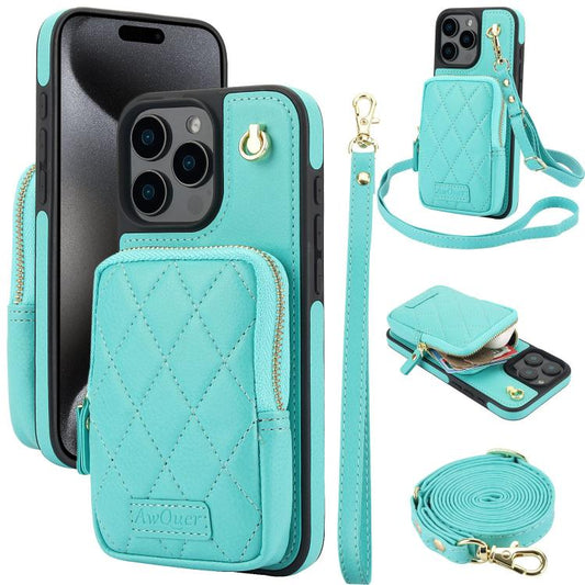 For iPhone 15 Pro AwQuer Crossbody Zipper Wallet Bag Litchi Leather Phone Case(Mint Green) - iPhone 15 Pro Cases by Awquer | Online Shopping UK | buy2fix